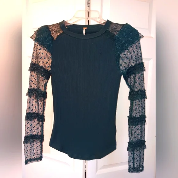 Free People Kiss Kiss ๐ Teal Swiss Dot Mesh Long Sleeve Top. Size S. - Picture 4 of 9